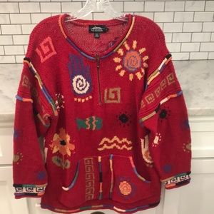 Icelandic Sweater Womens Small Red Hippie Bohemian Aztec Cardigan Artsy